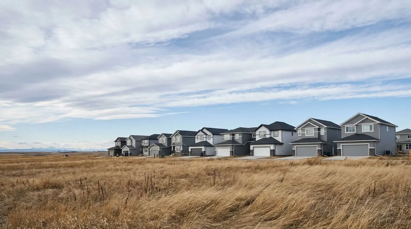 A row of two-storey homes with siding backing onto open prairie grassland under a wide windswept sky.