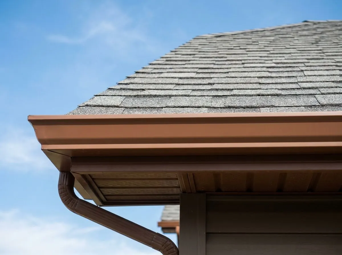 A roof corner seen from below, with a brown eavestrough and downspout along the shingle edge over brown aluminum fascia and vented soffit.