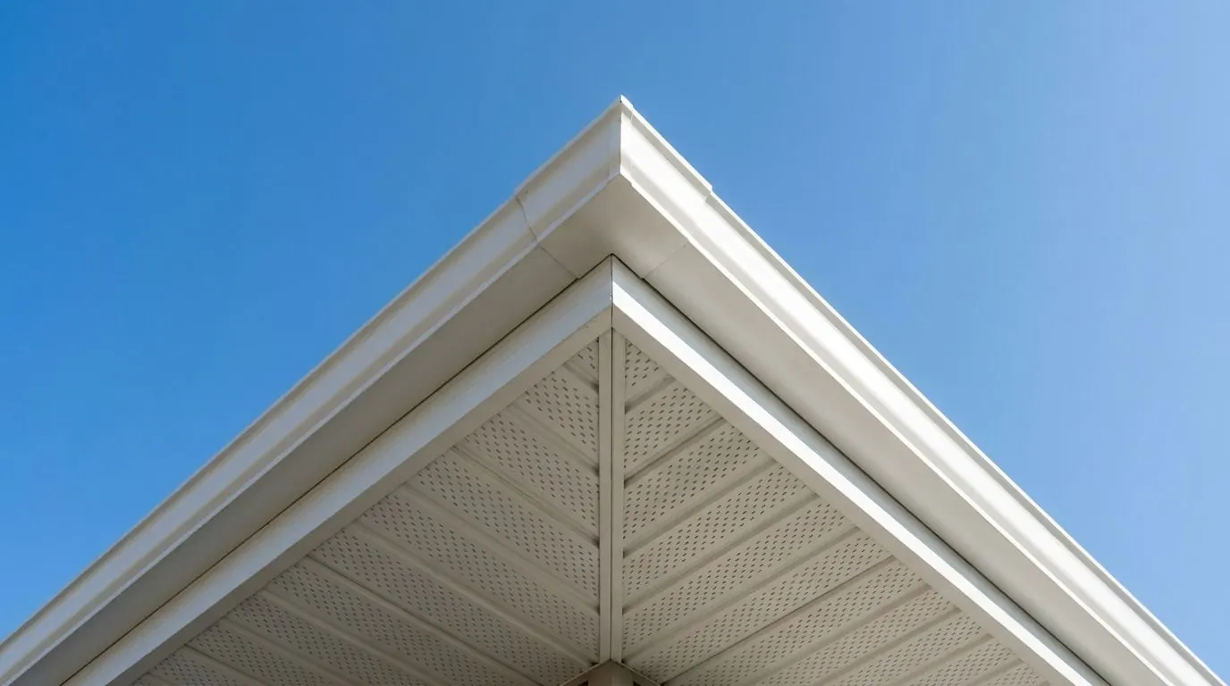 Looking up at a house eave with white perforated aluminum soffit panels and smooth white aluminum fascia below the roof edge.