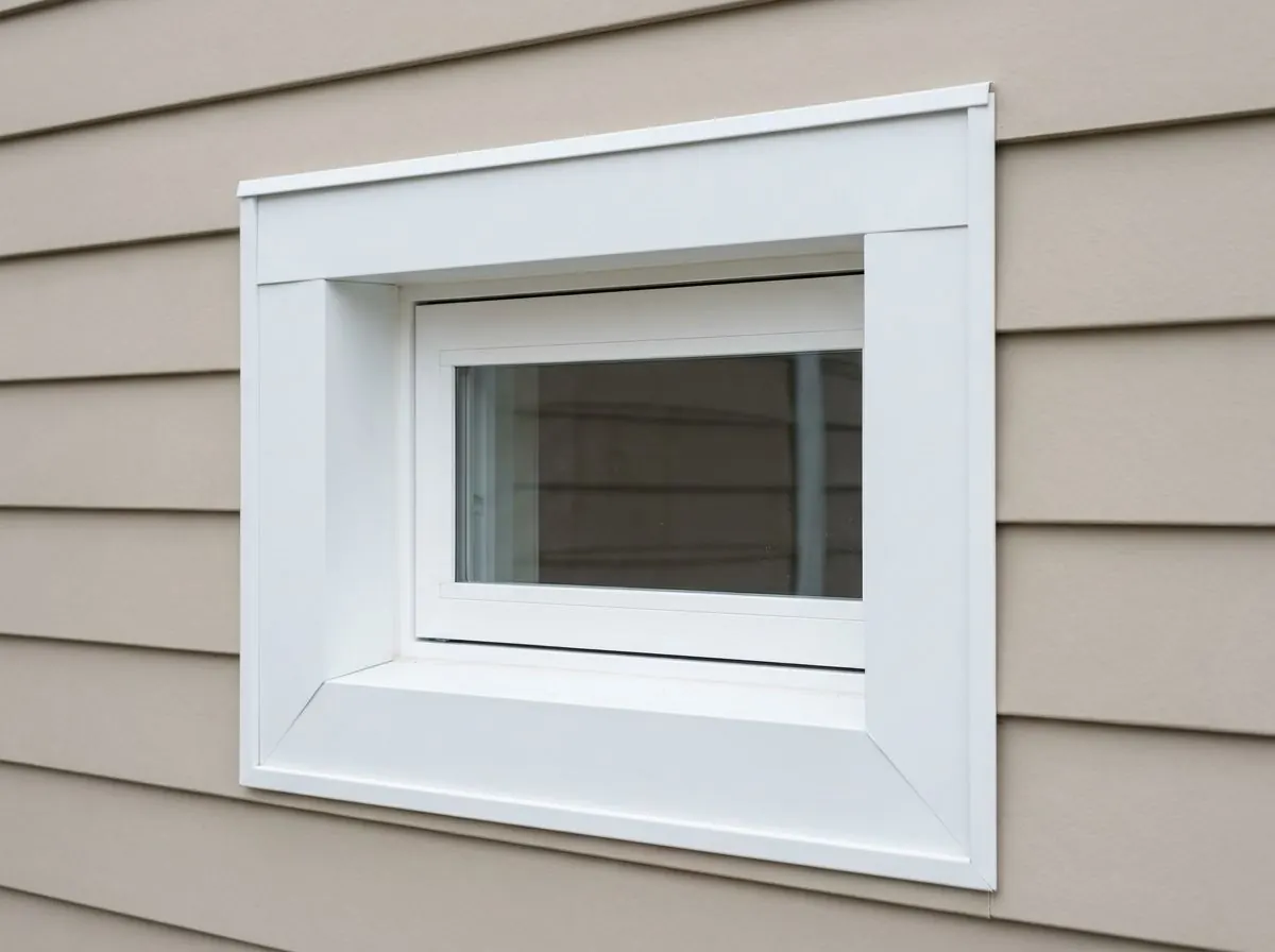 A window surrounded by smooth white bent aluminum capping with crisp folded edges, set into beige lap siding.