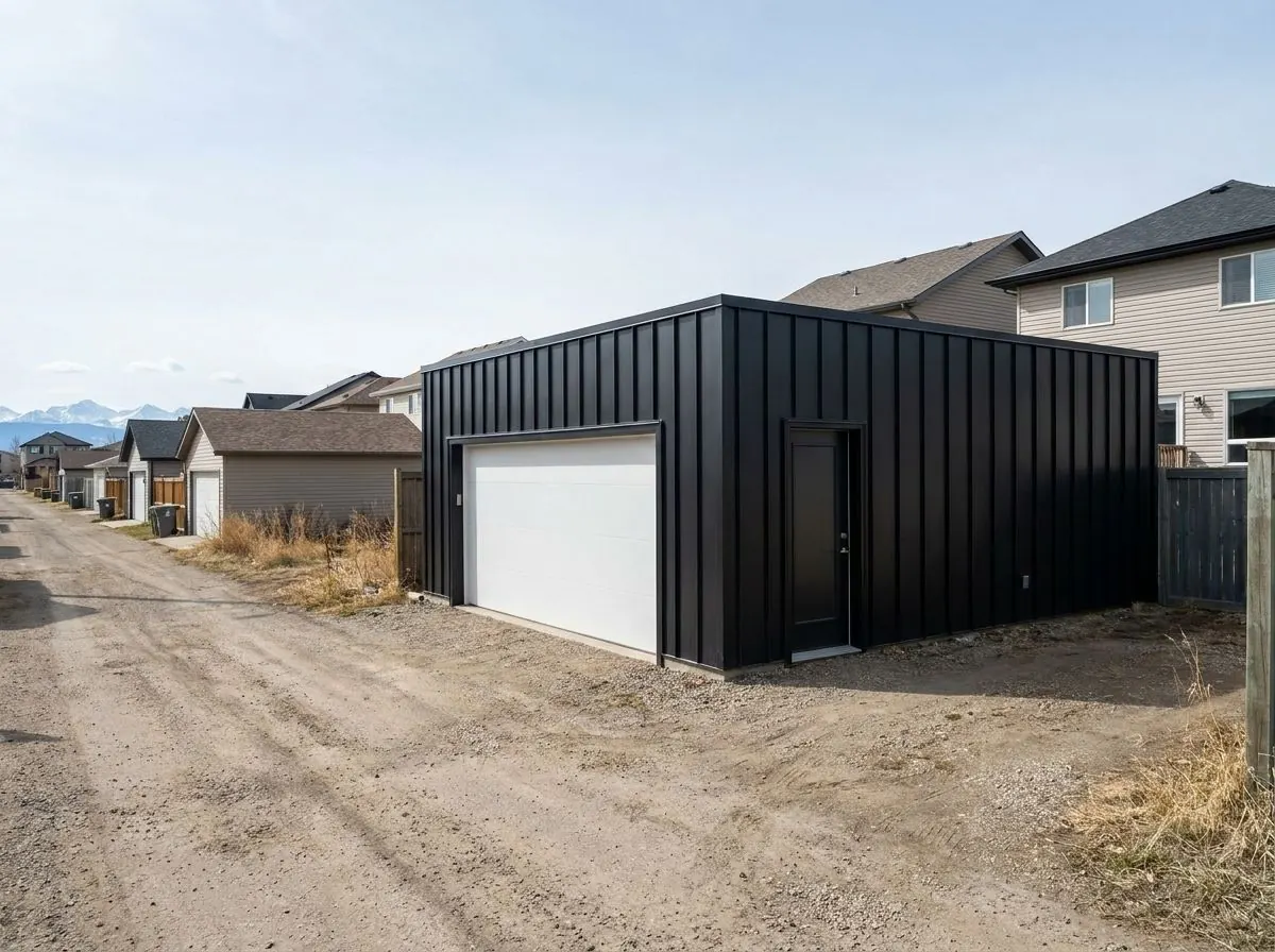 A modern detached garage with a white overhead door, clad in black vertical standing seam metal panels.