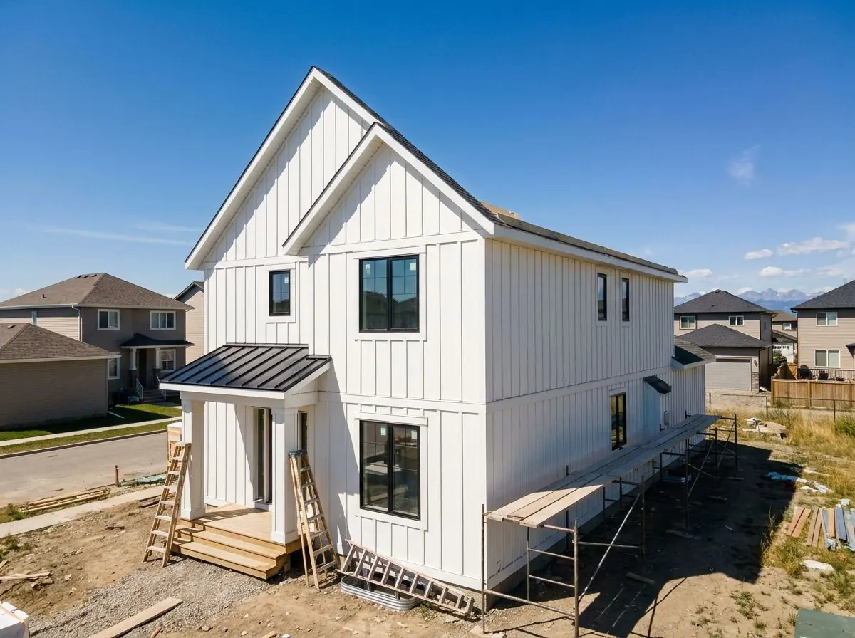 A white modern farmhouse-style home with vertical board and batten siding, black window frames and a black metal roof accent.