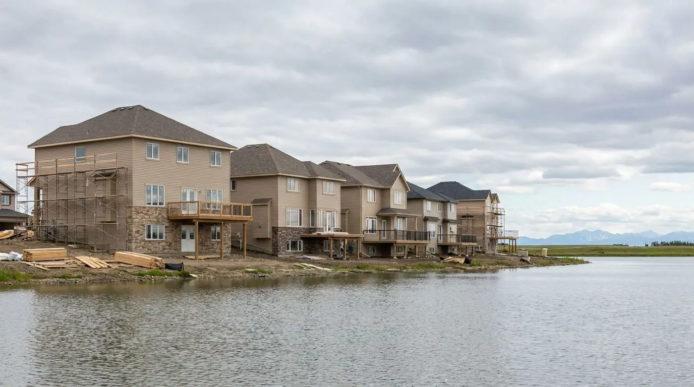 Newly built two-storey homes with siding, stone and back decks along the shore of a calm lake, some still in scaffolding, under a wide prairie sky.