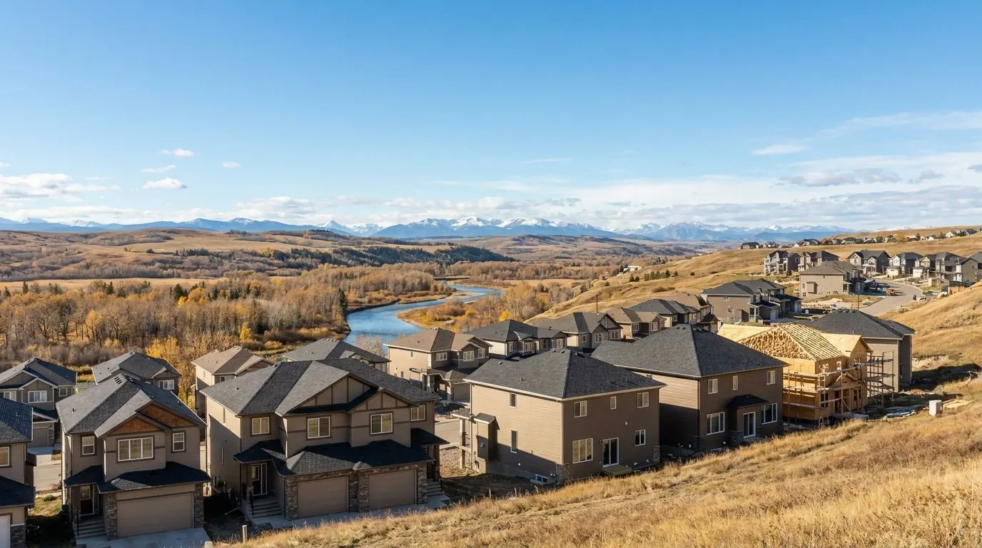Homes stepping up a hillside above a river valley, with Rocky Mountain foothills and snow-capped peaks in the distance.