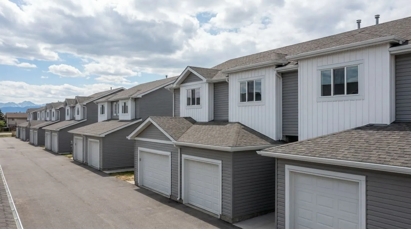 A row of two-storey townhouses finished in new grey and white lap and panel siding, along a shared driveway.