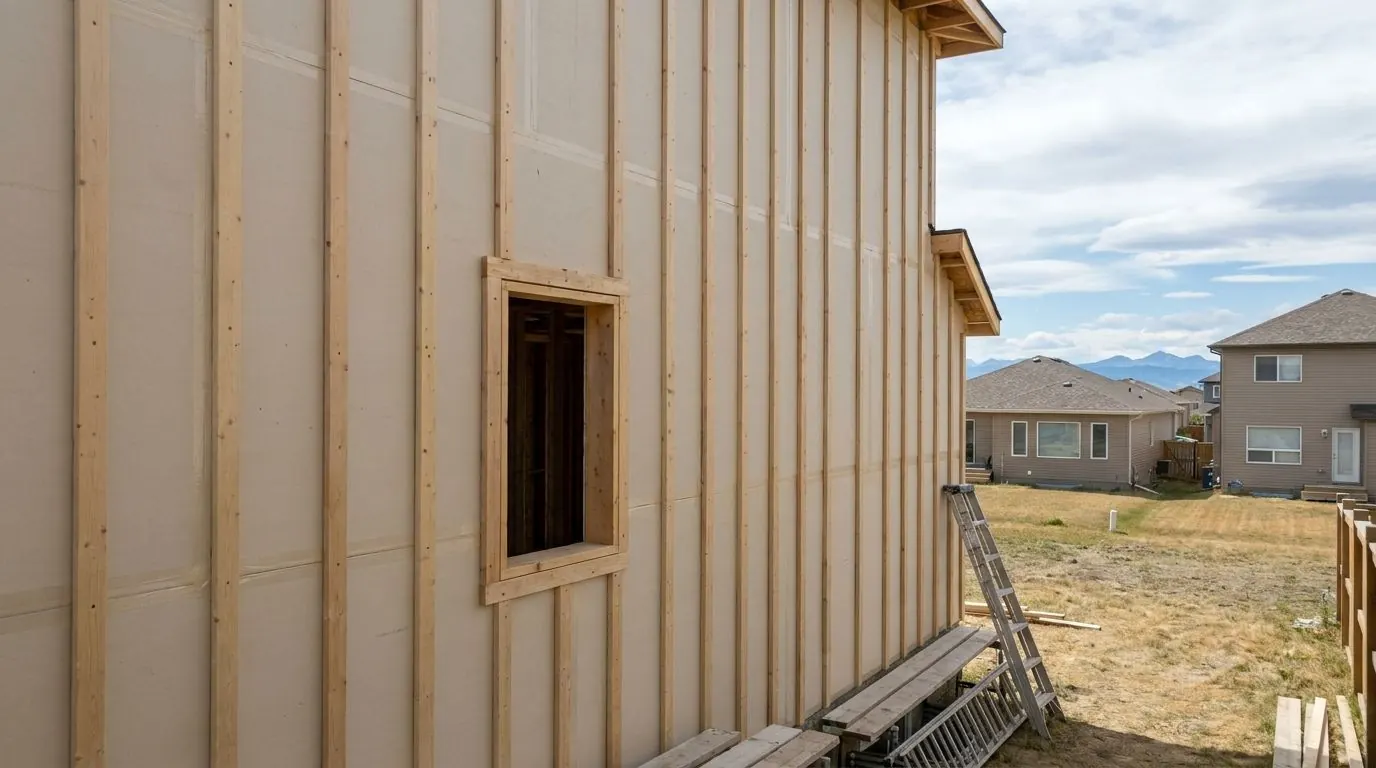 A house wall covered in plain rigid insulation boards with vertical wood furring strips fastened over them at regular spacing.