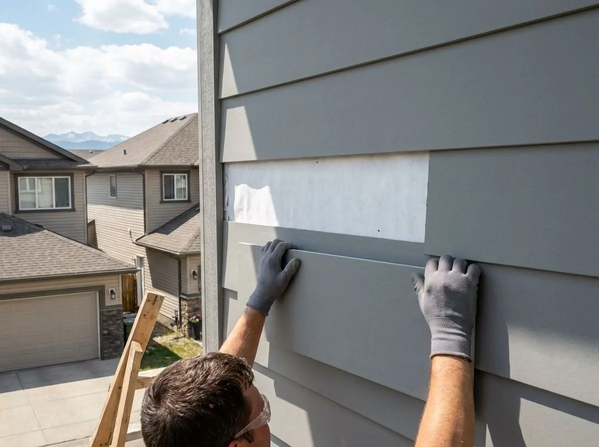 An installer seen from behind holds a new grey lap board against the wall below a gap where a damaged board was removed, exposing white house wrap.