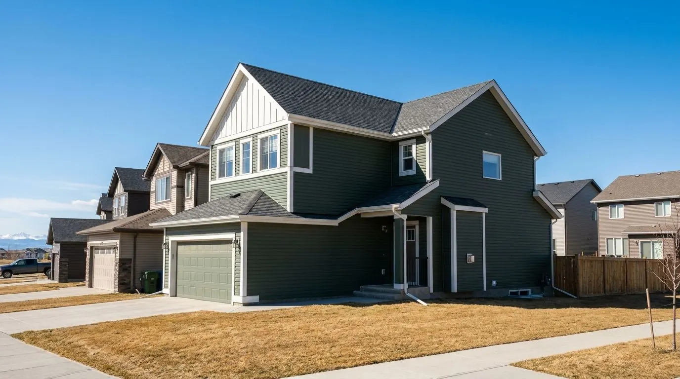 A two-storey home with dark green horizontal lap siding on the lower walls and white vertical board and batten in the gables.