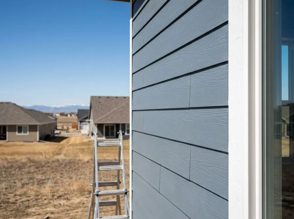 Close view of blue-grey fibre cement lap boards with a subtle wood-grain texture and straight, even shadow lines.