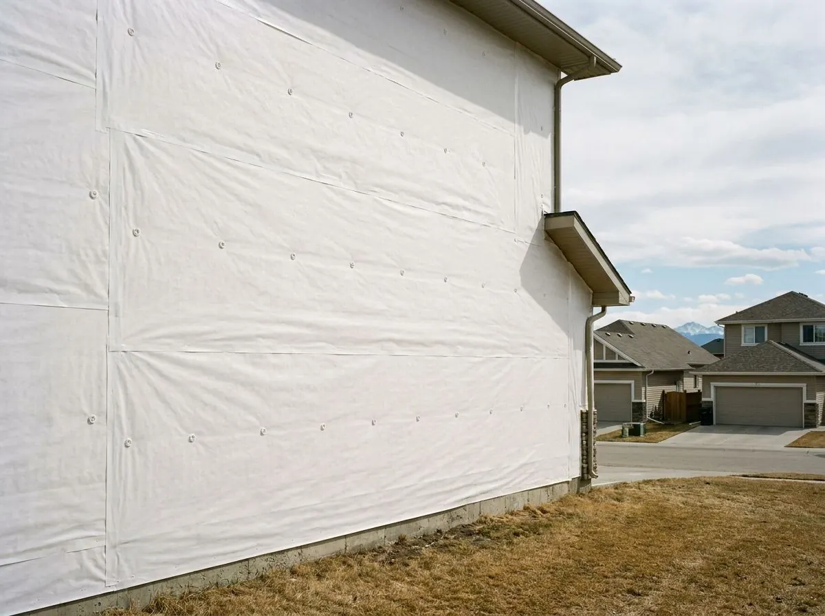 A house wall covered with plain white house wrap in horizontal layers, upper layers lapped over lower ones and seams taped.