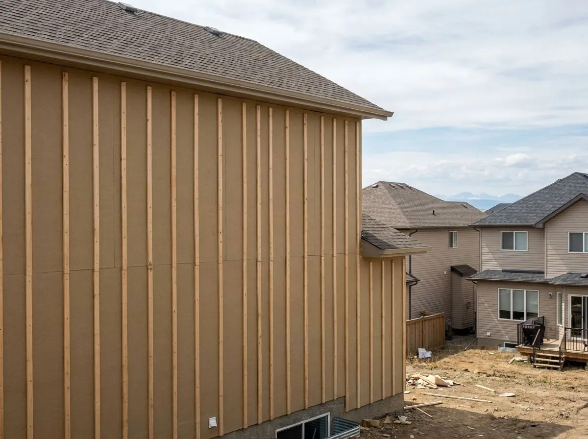 The side of a new house covered in tan rigid insulation boards with vertical wood furring strips fastened over them, ready for siding.