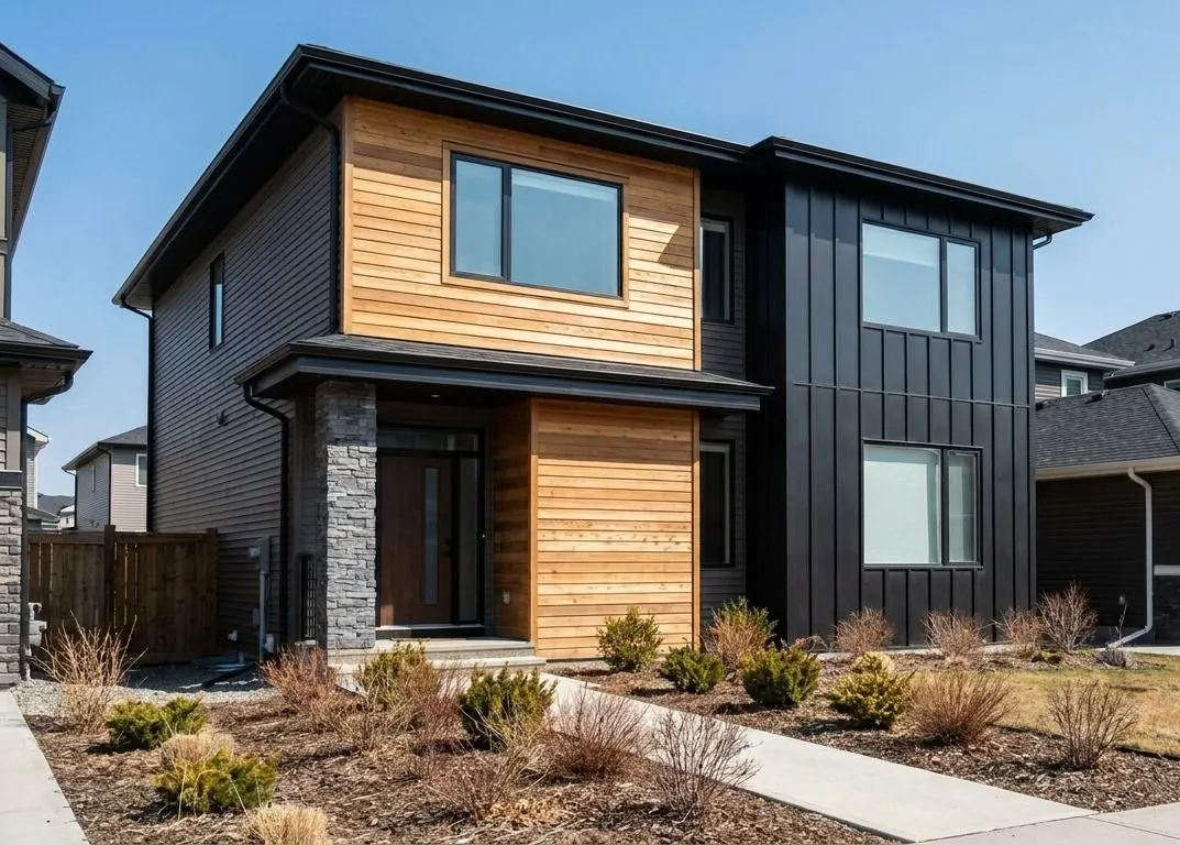 A modern home combining natural cedar plank siding, black vertical metal panels and a grey stacked stone wall section.