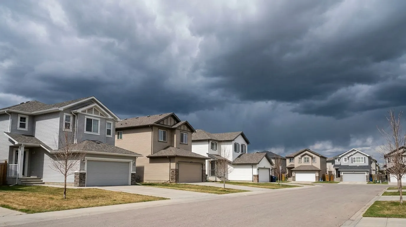 A row of two-storey homes with vinyl siding and front garages on a flat northeast Calgary street under dark storm clouds in early spring.