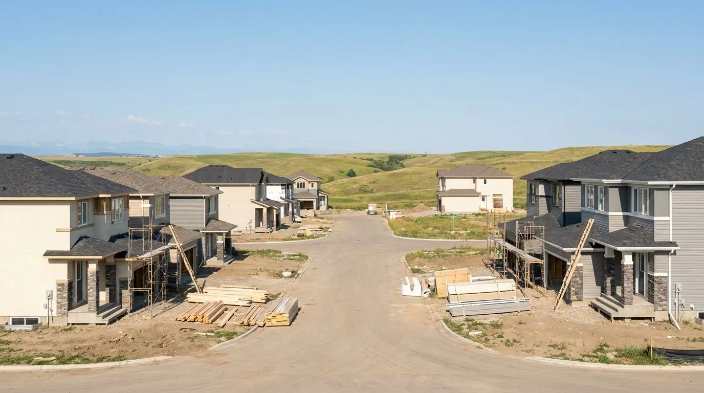 A new northwest Calgary subdivision on rolling grassy hills, with two-storey homes in cream stucco and grey siding along an unpaved street, and scaffolding and stacked lumber in the front yards.