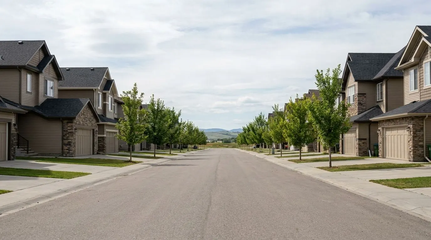 Two-storey homes on a gently rising street in Okotoks with foothills and open sky in the distance.