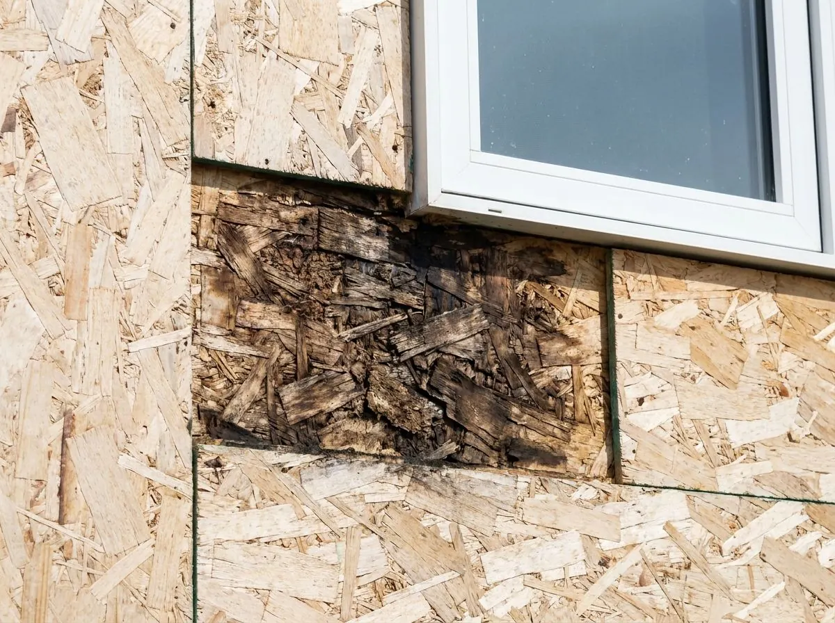 An exterior wall with siding removed, showing dark, water-stained and crumbling oriented strand board beneath a window.