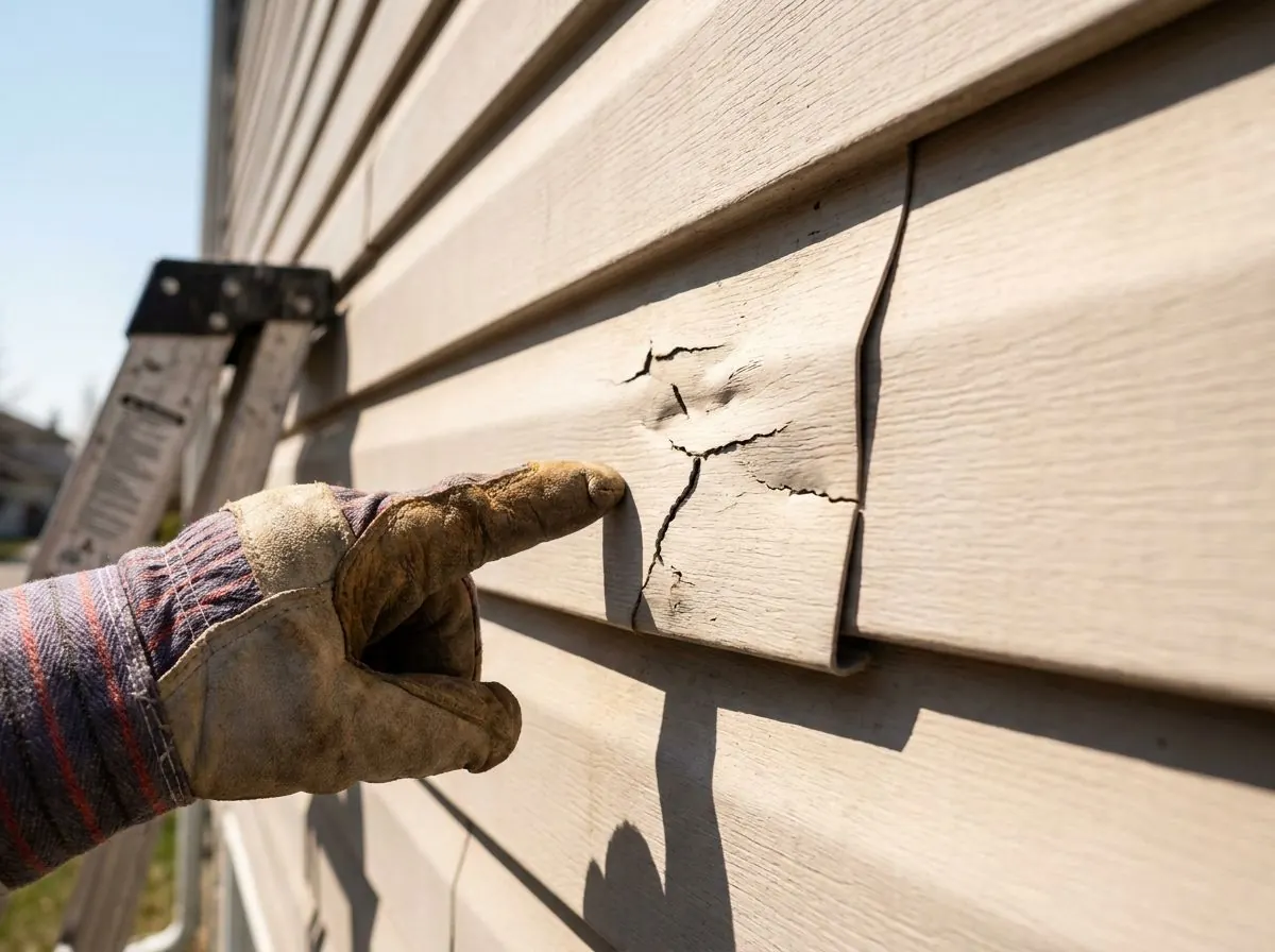 A gloved hand points to a cracked, hail-dented section of beige vinyl siding on a house wall.