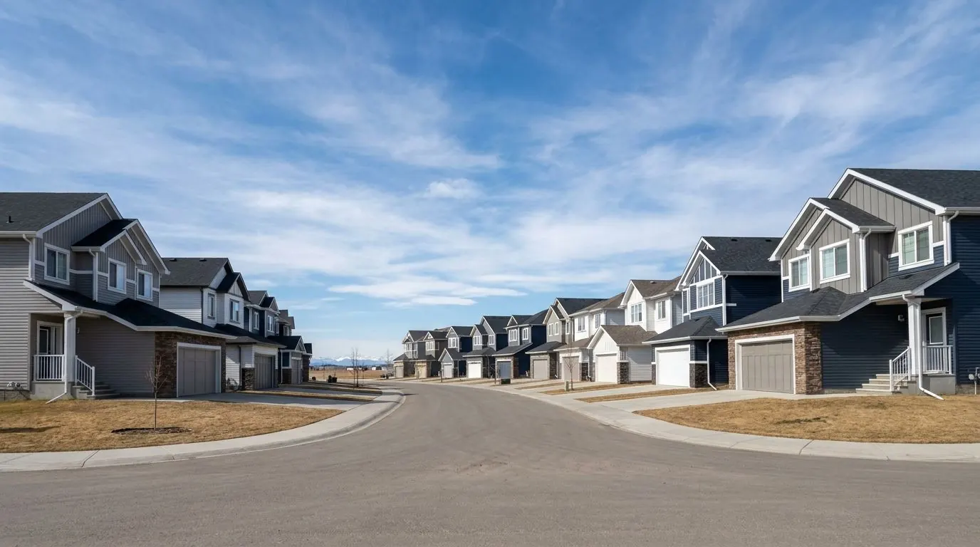 Newer two-storey homes in a southeast Calgary community with mixed lap siding, board and batten gables and stone accents.