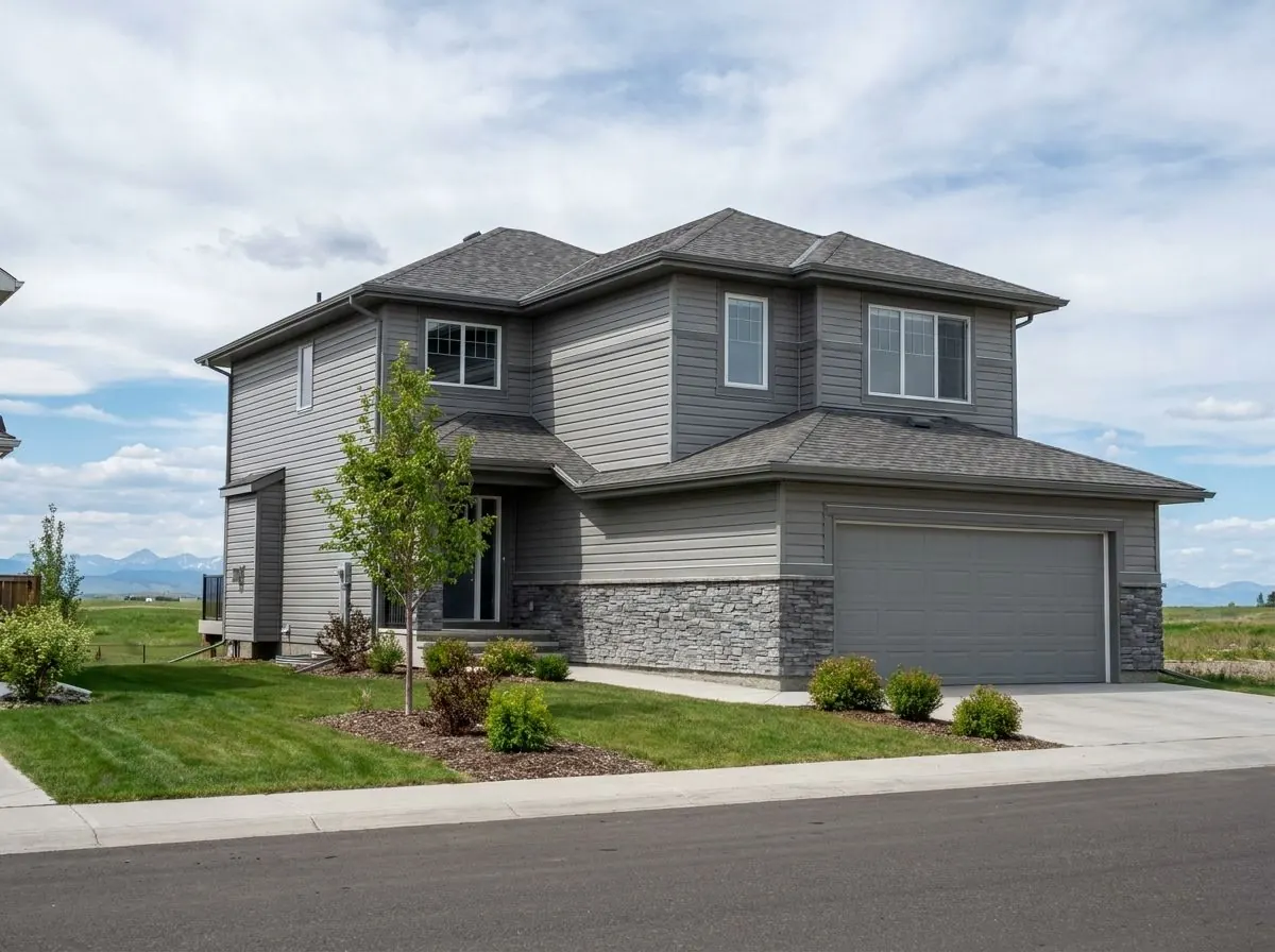 A grey stacked stone veneer band along the base of a house wall, capped with a flat stone sill, below grey lap siding.