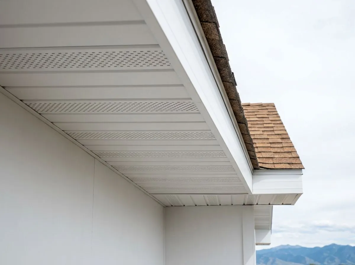 Close view up at the underside of a roof overhang lined with white perforated aluminum soffit panels.