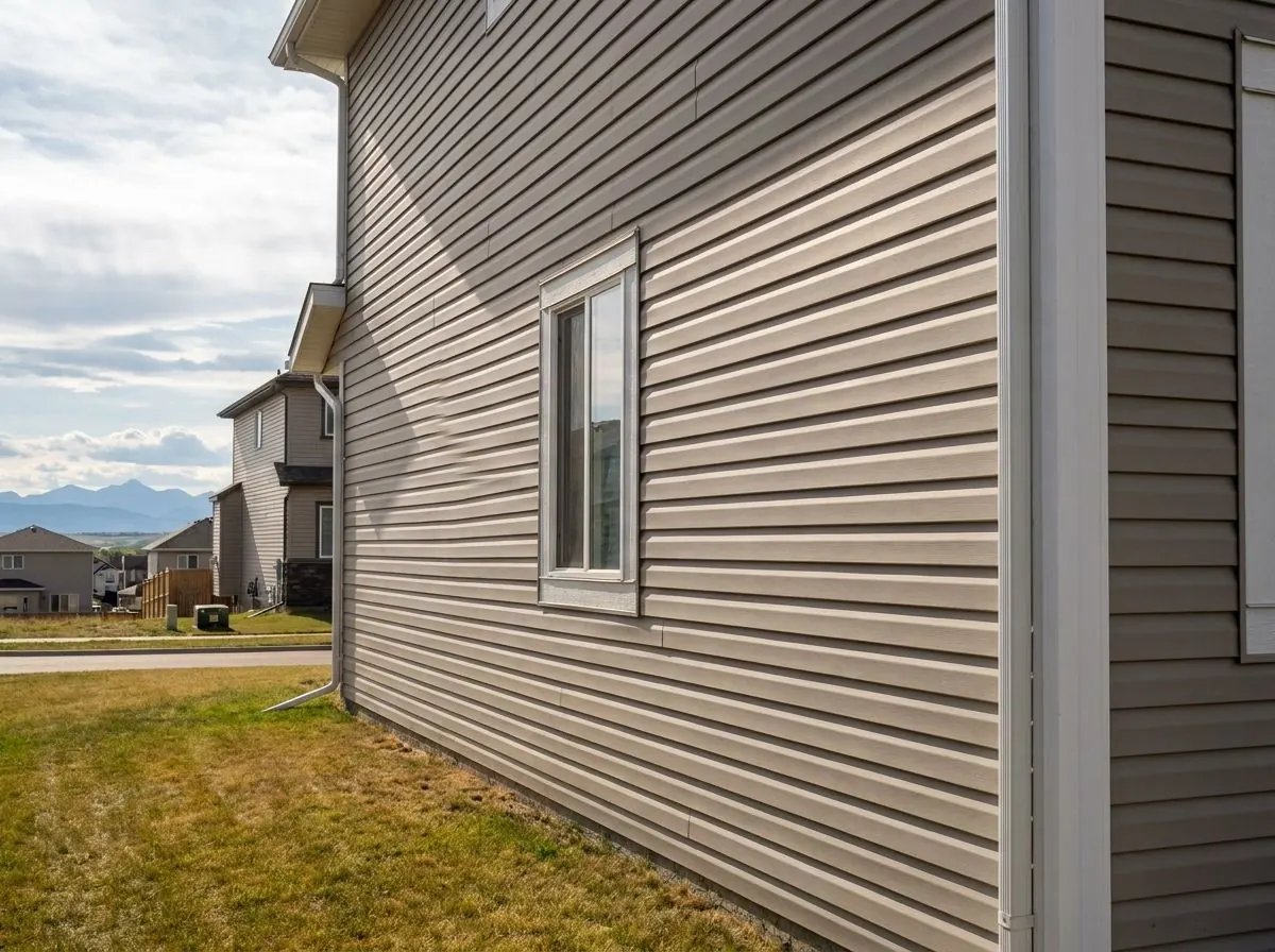 A suburban home wall in light taupe vinyl lap siding with white J-channel around a window and a white corner post.