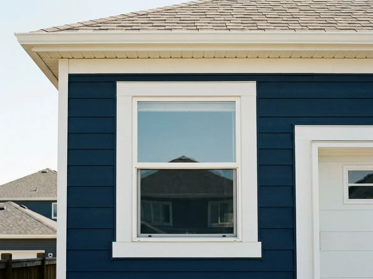 A window surrounded by wide white trim boards set into dark navy lap siding, with a white horizontal band running below the eaves.