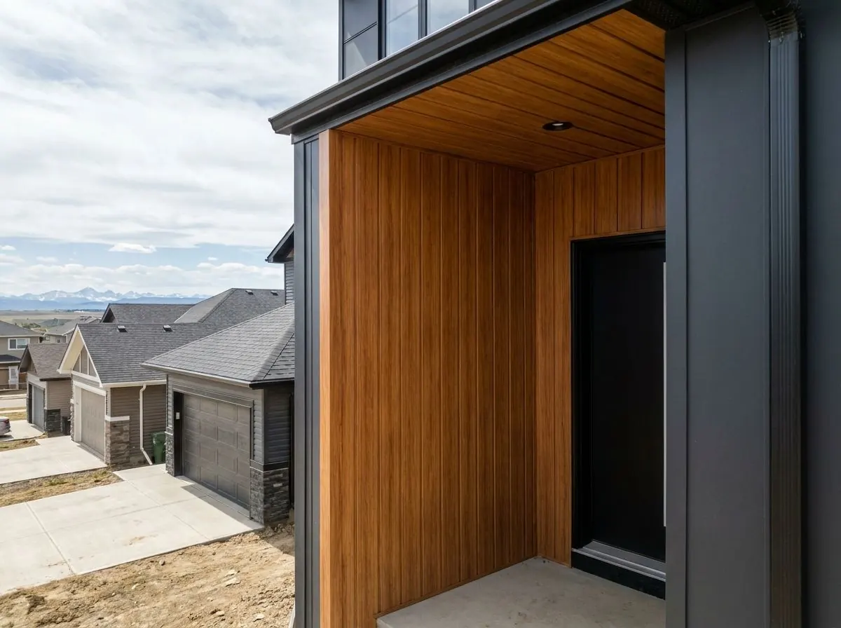 A modern front entry with warm wood-look aluminum planks running vertically beside the door and continuing across the soffit above.